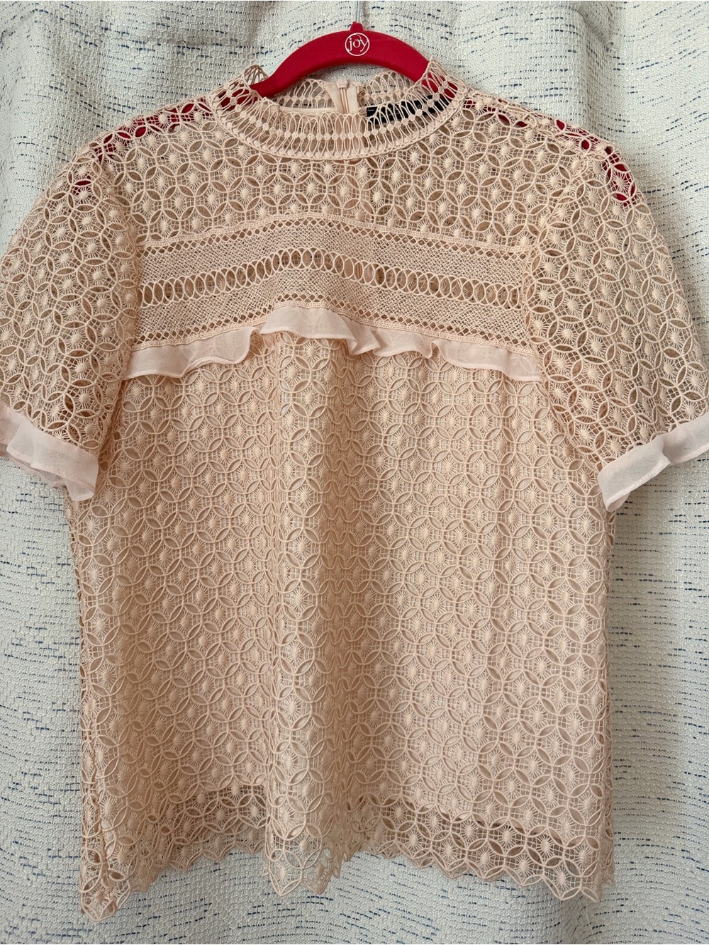 Zara Lace Crochet Ruffle Short Sleeve Top - Blush Pink Size M